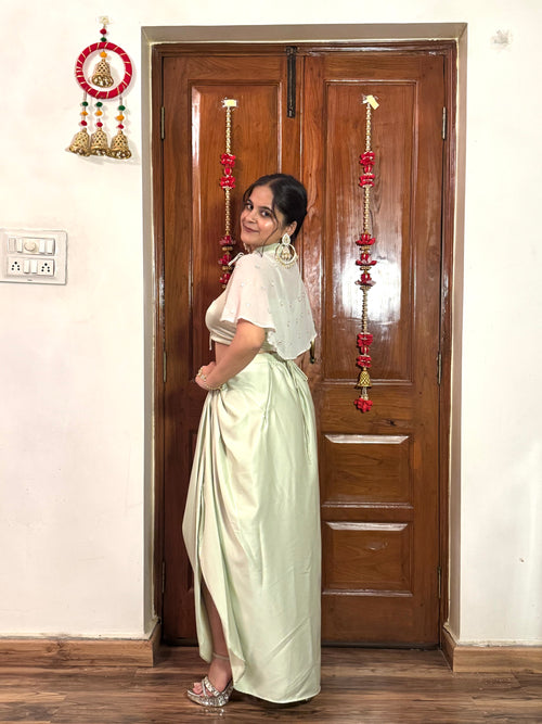 Pista Barfi 3 Piece Long Satin Skirt Set