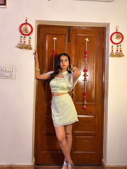 Pista Kulfi 3 piece Short Skirt Set